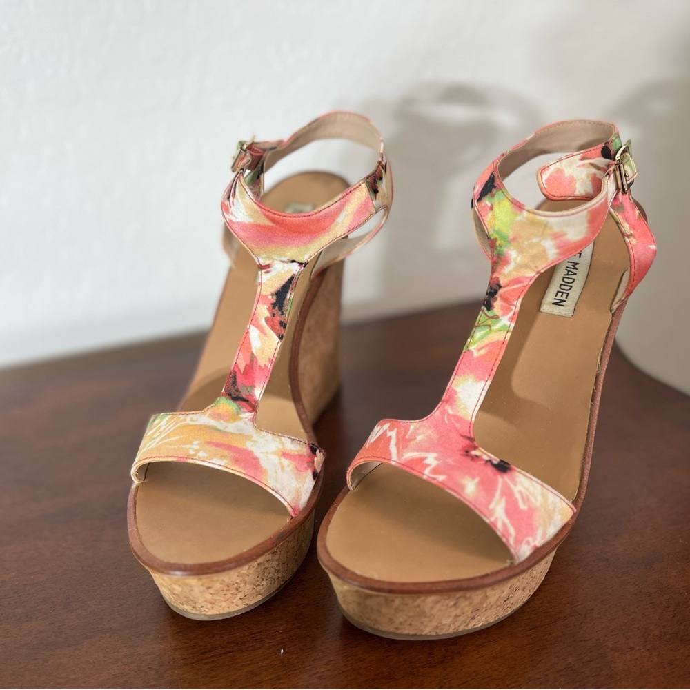 Steve Madden Floral Wedge Sandals - Pink and Cream